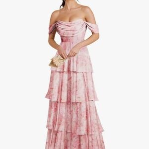 Chic Off Shoulder Pink Floral Tiered Dress